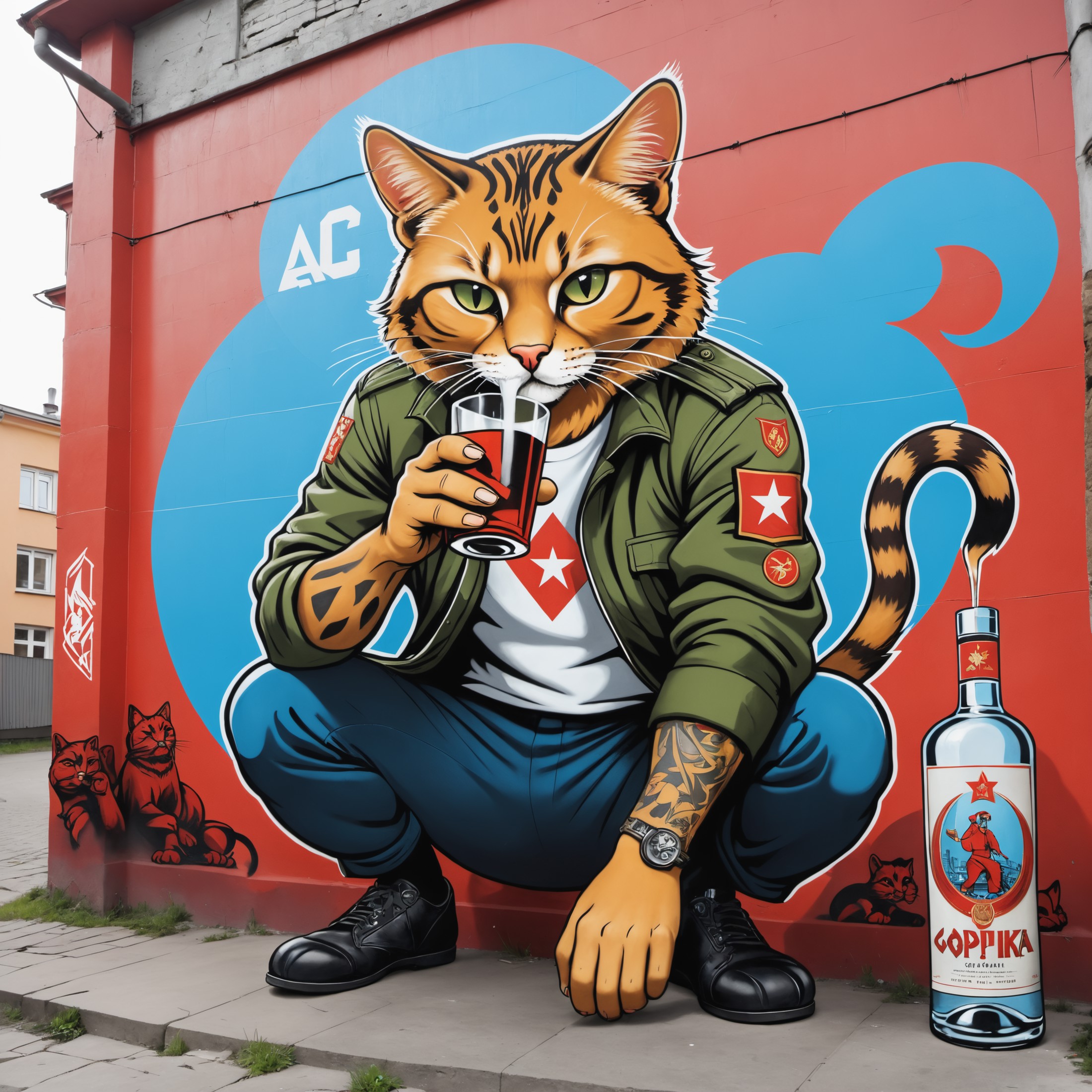 Graffiti style Tattoo artwork of an russian gopnik cat squatting wearing soviet clothing , drinking wodka, soviet propagan...
